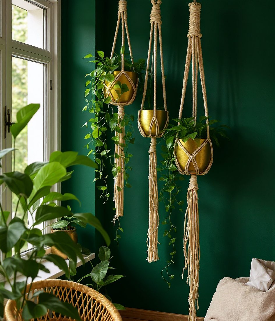 Macrame Hanging Planters — Brass & Deep Green