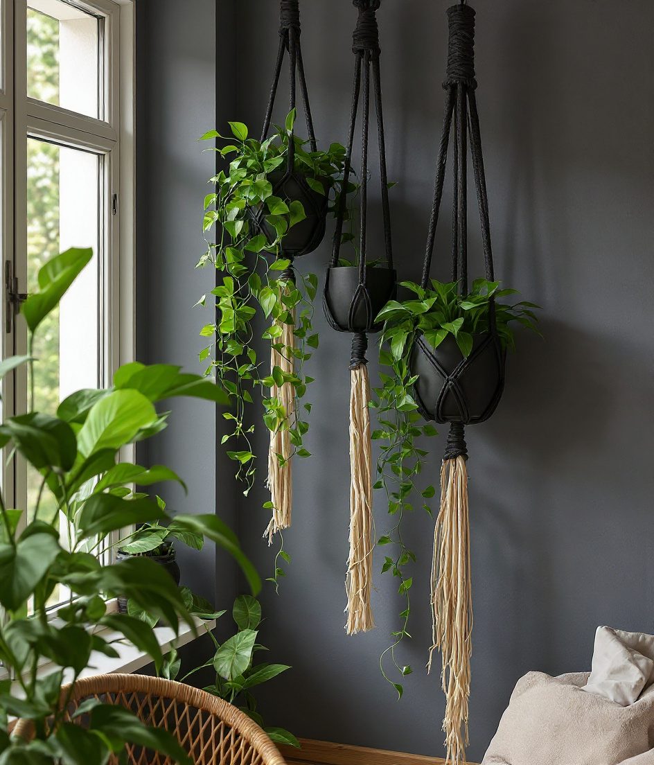 Macrame Hanging Planters — Charcoal & Stone