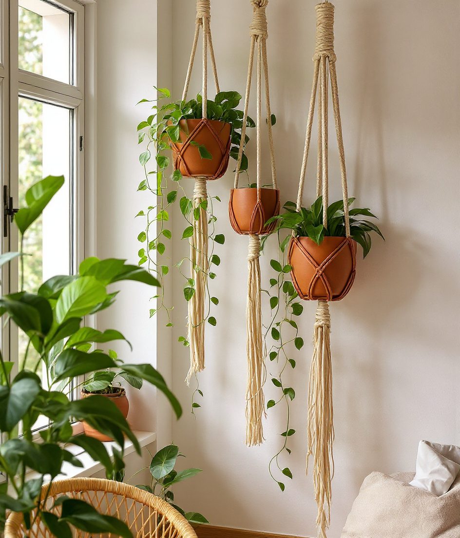 Macrame Hanging Planters — Terracotta & Warm White