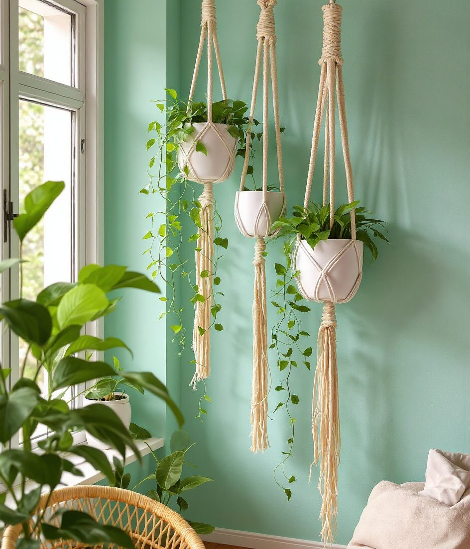 Macrame Hanging Planters — White Ceramic & Sage