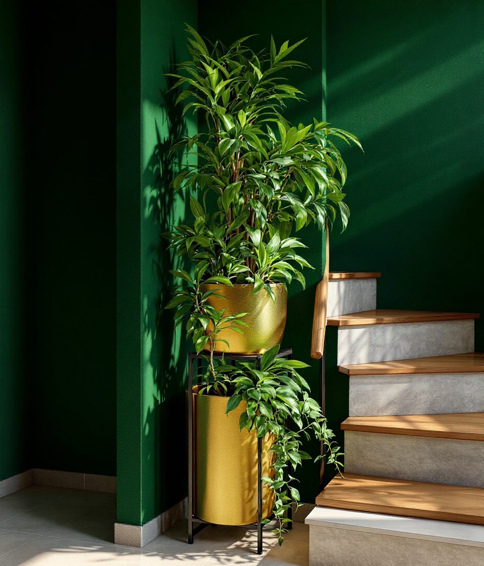 Staircase Plant Corner — Brass & Deep Green