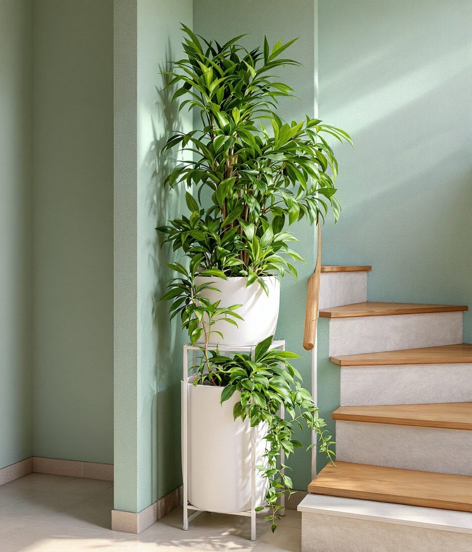 Staircase Plant Corner — White Ceramic & Sage
