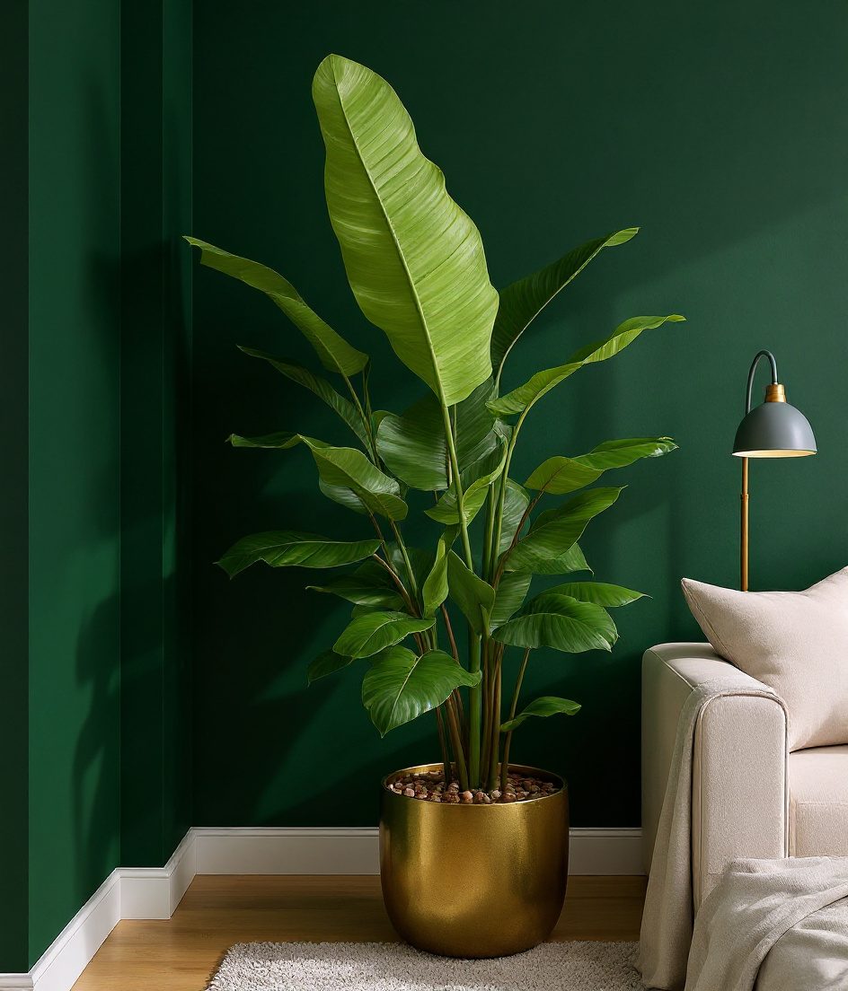 Tall Floor Plant Living Room — Brass & Deep Green
