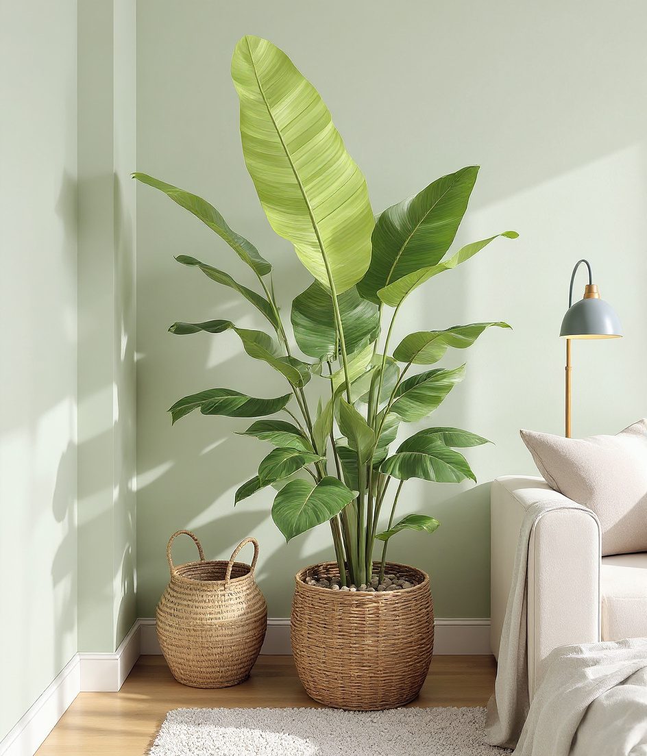 Tall Floor Plant Living Room — Rattan & Oatmeal