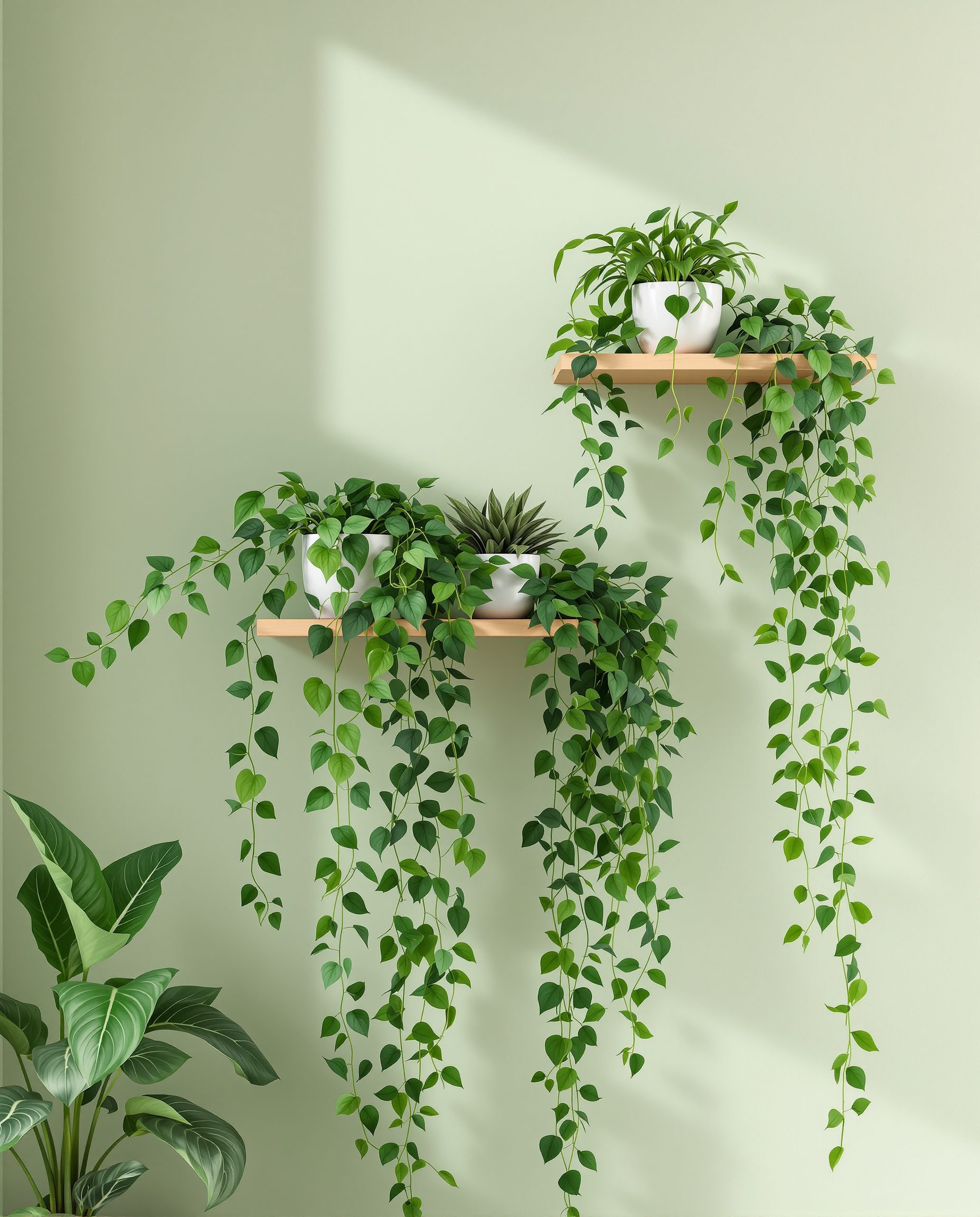 Trailing Pothos Shelf — White Ceramic & Sage