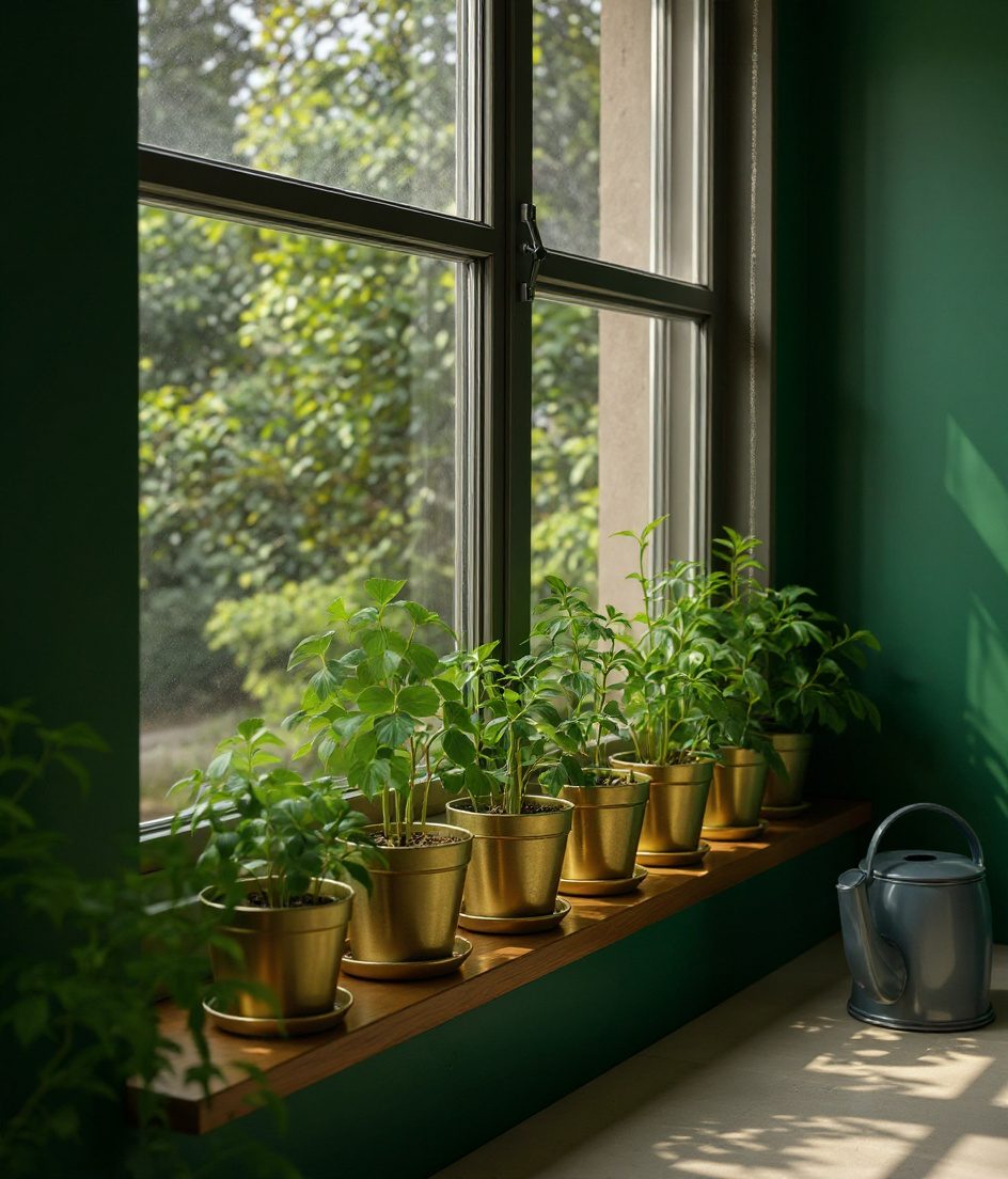 Window Sill Herb Garden — Brass & Deep Green