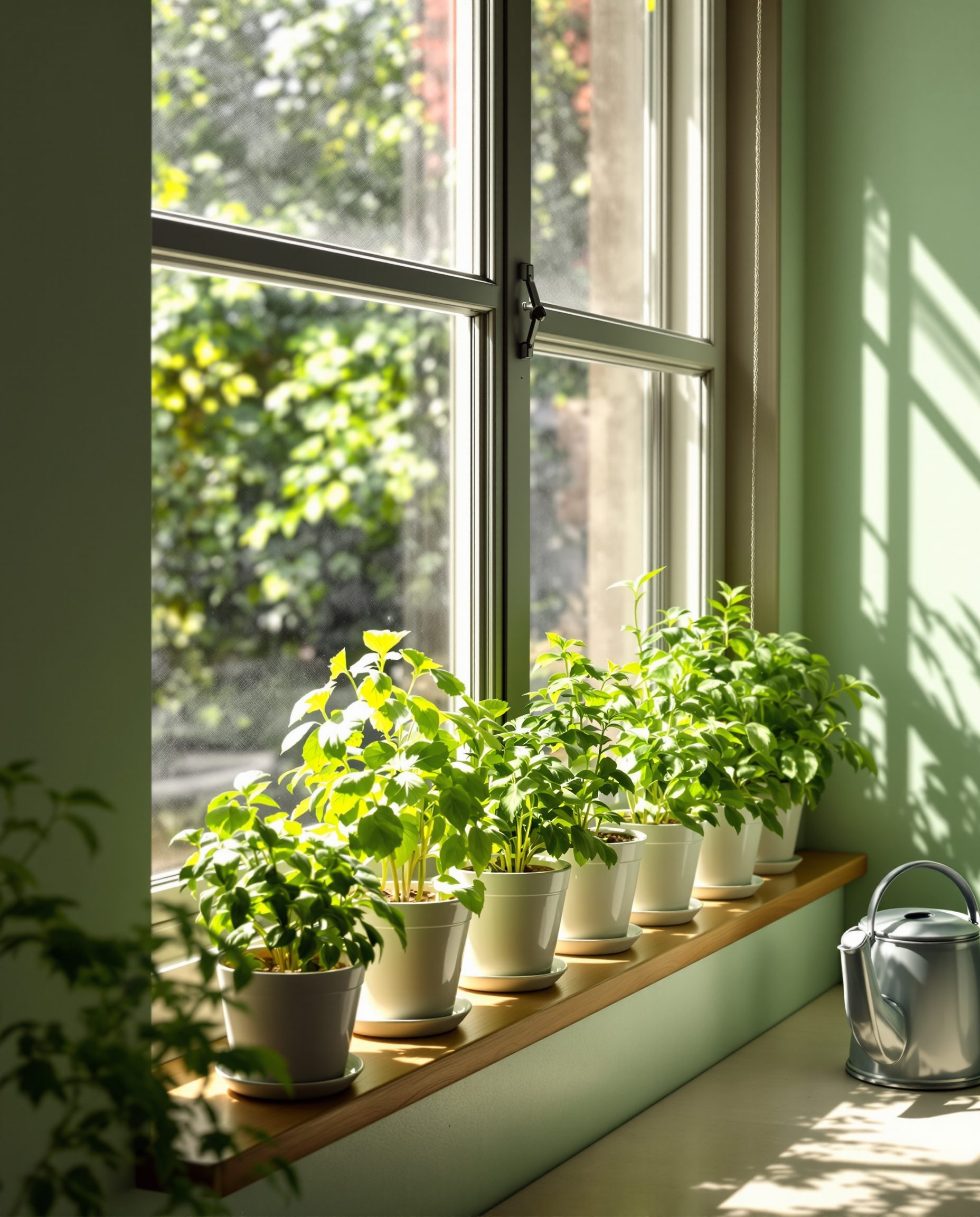 Window Sill Herb Garden — White Ceramic & Sage