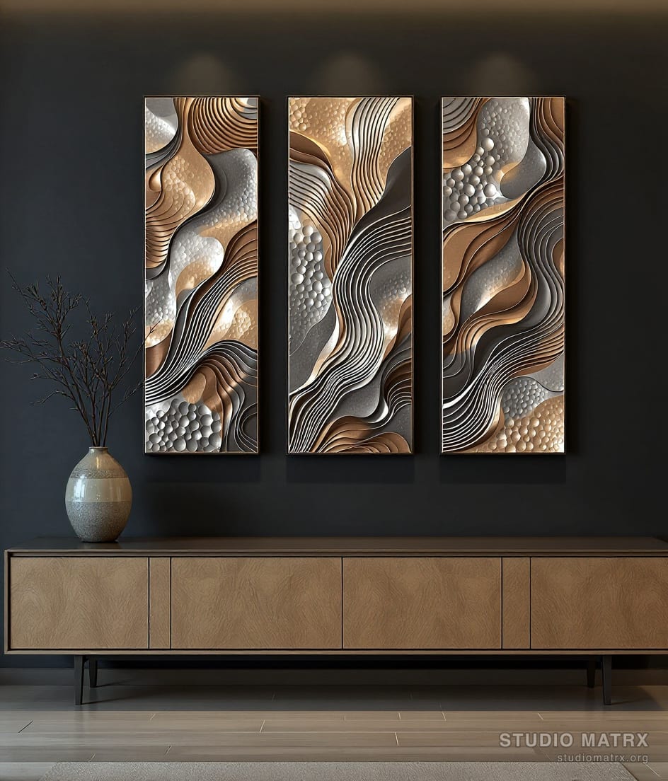 Abstract Metal Panel Triptych — Charcoal Wall