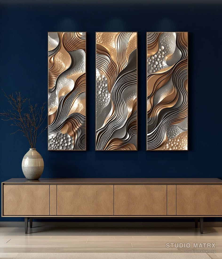 Abstract Metal Panel Triptych — Navy Wall