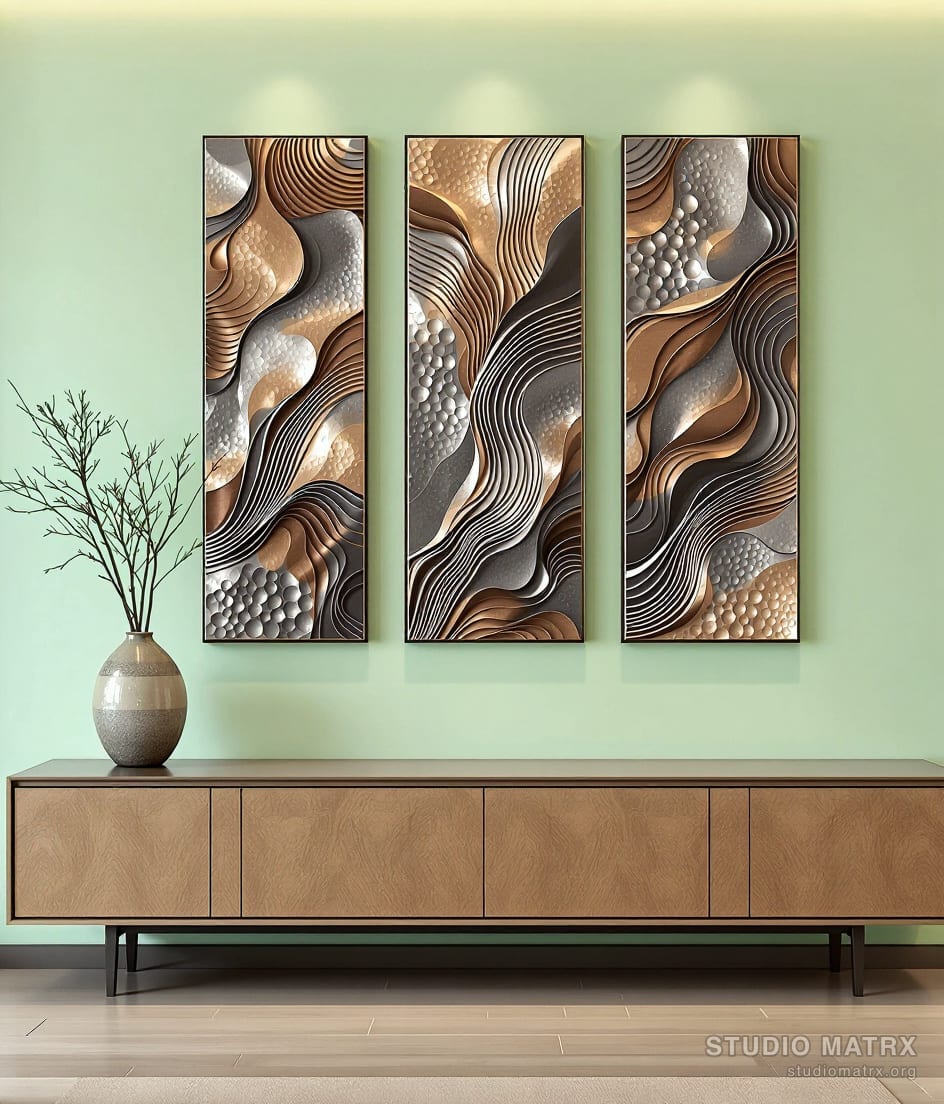 Abstract Metal Panel Triptych — Sage Wall