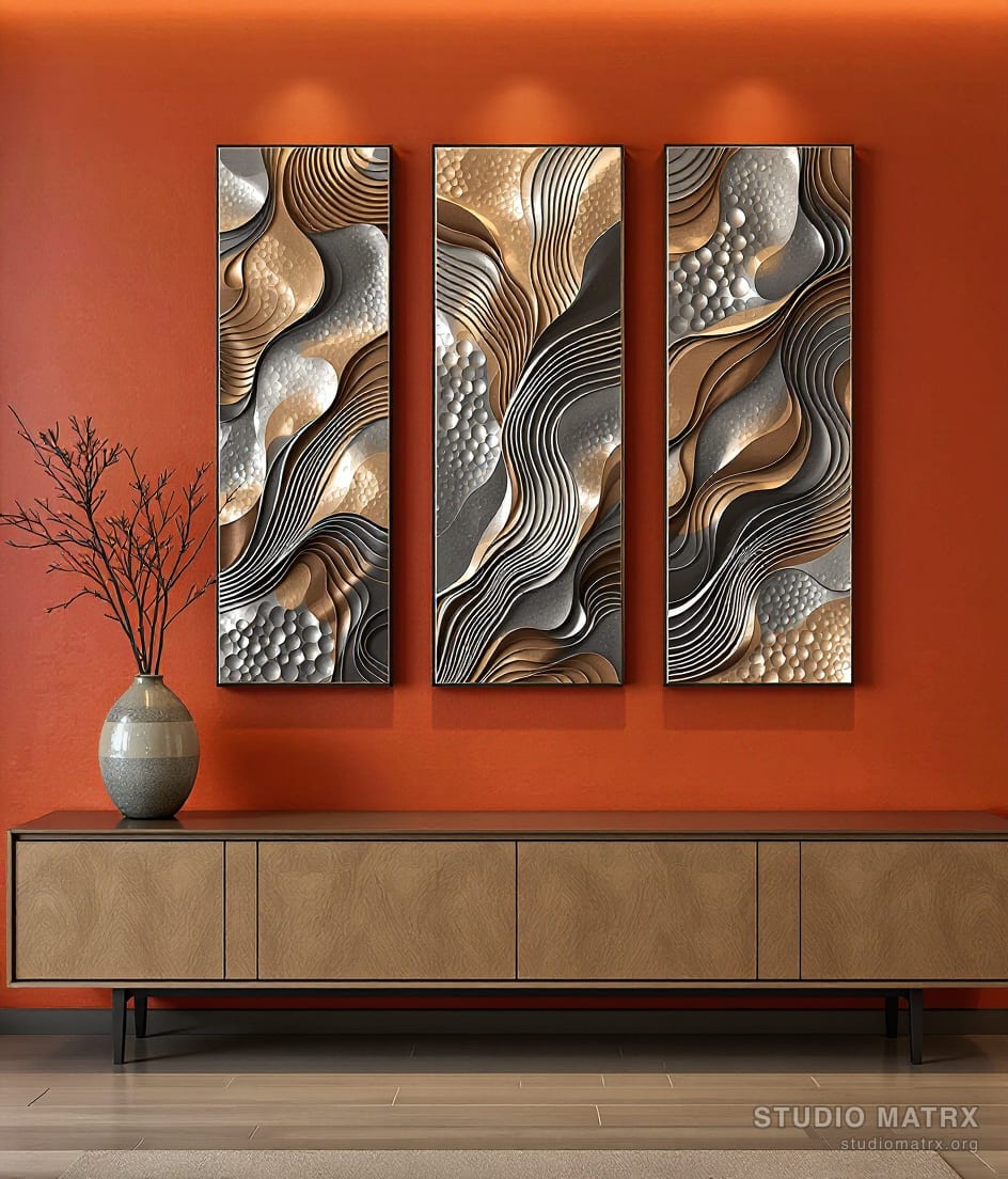 Abstract Metal Panel Triptych — Terracotta Wall