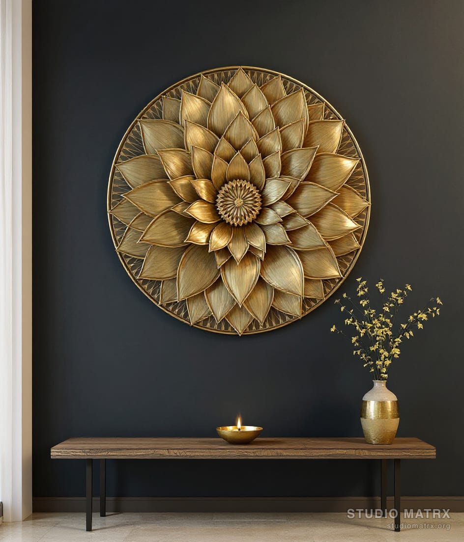 Brass Lotus Metal Wall Panel — Charcoal Wall