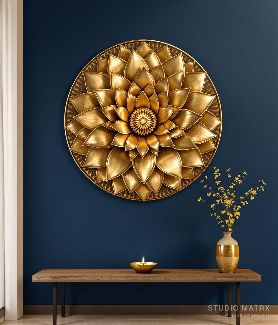 Brass Lotus Metal Wall Panel — Navy Wall