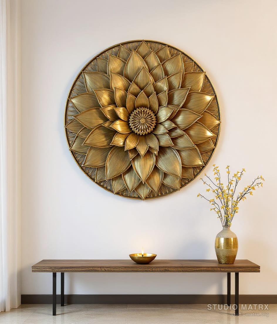 Brass Lotus Metal Wall Panel — Warm White Wall