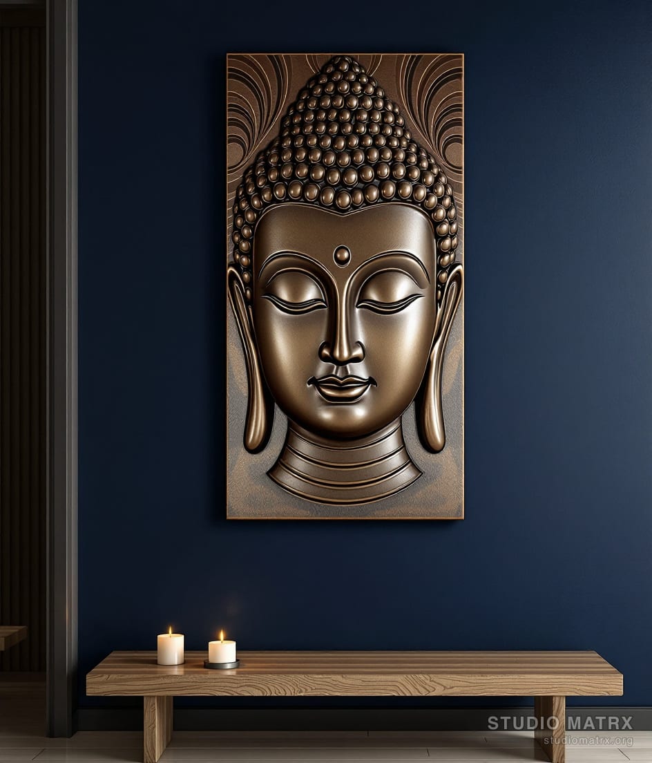 Buddha Face Metal Wall Panel — Navy Wall