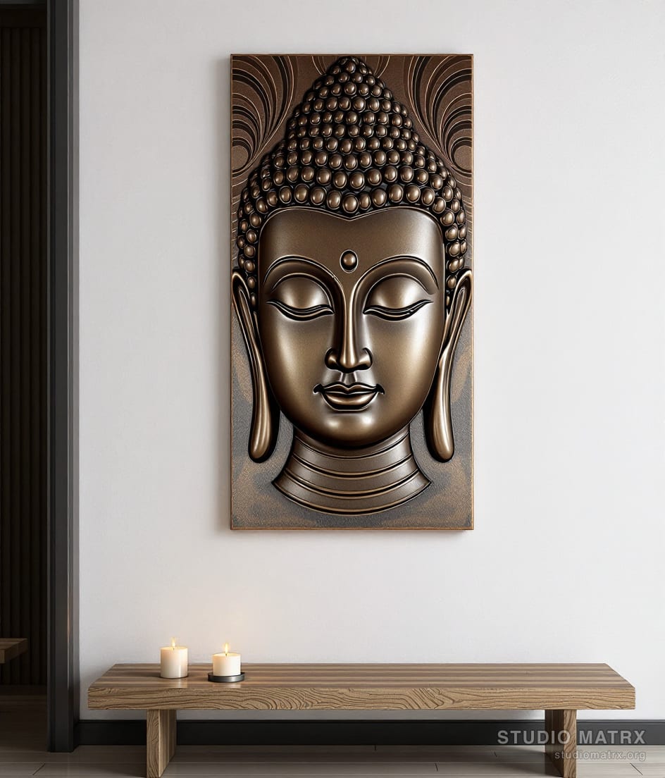 Buddha Face Metal Wall Panel — Warm White Wall