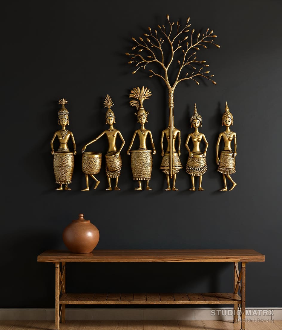 Dhokra Tribal Figures Metal Wall Set — Charcoal Wall