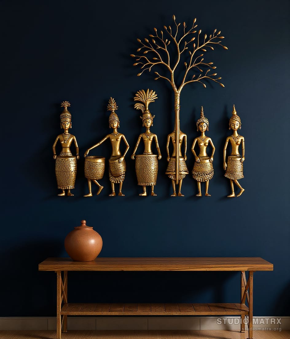 Dhokra Tribal Figures Metal Wall Set — Navy Wall