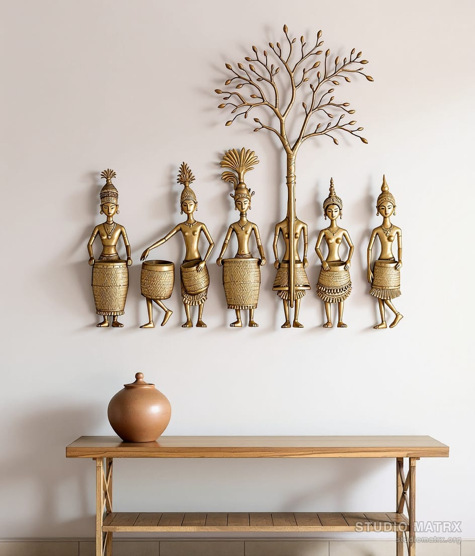 Dhokra Tribal Figures Metal Wall Set — Warm White Wall