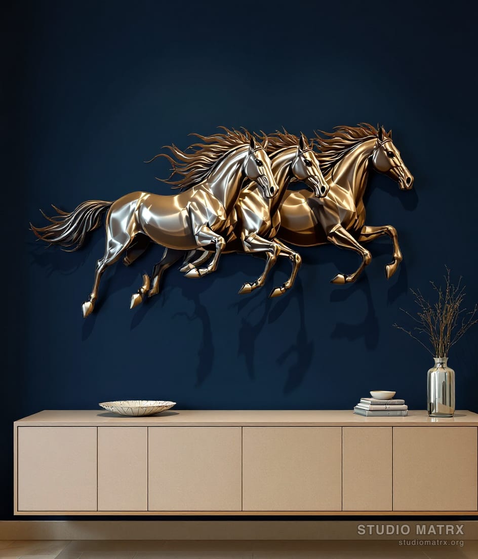 Galloping Horses Metal Wall Art — Navy Wall