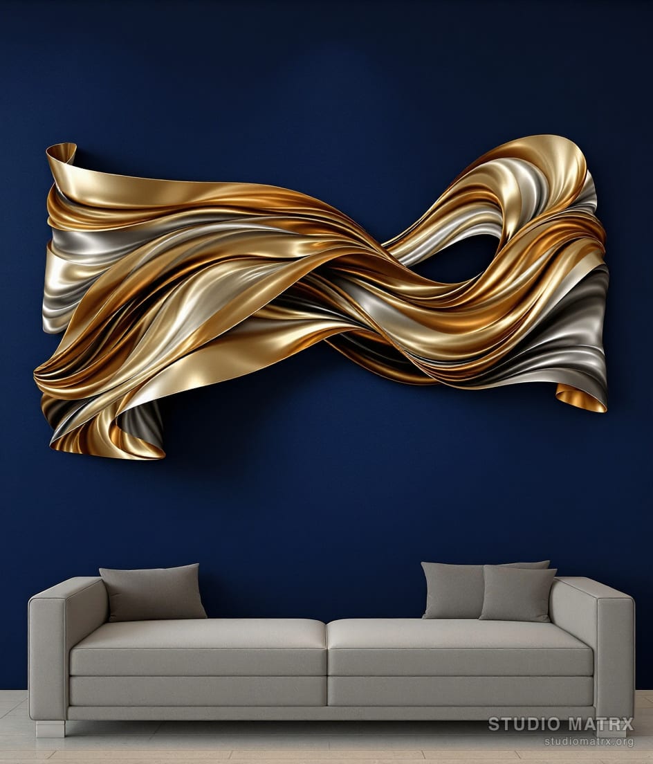 Large 3D Flowing Metal Wall Sculpture — Navy Wall