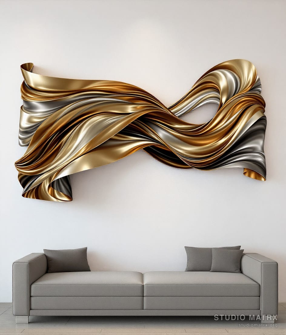 Large 3D Flowing Metal Wall Sculpture — Warm White Wall