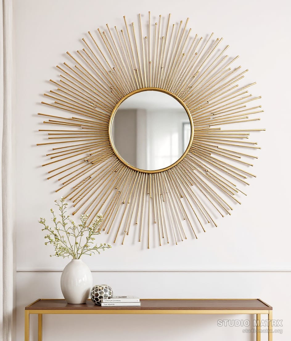 Metal Sunburst Mirror Wall Art — Warm White Wall