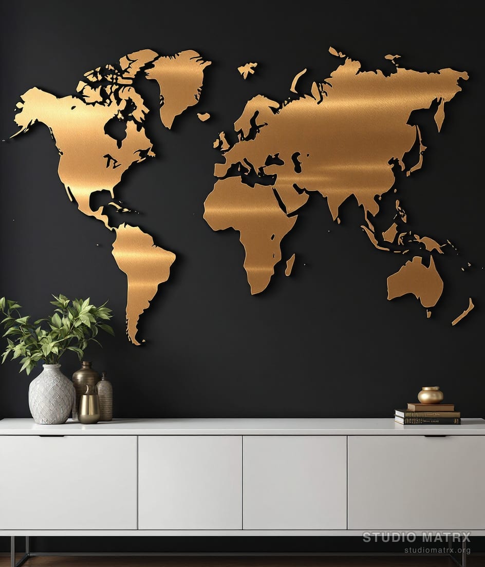 Metal World Map Wall Art — Charcoal Wall
