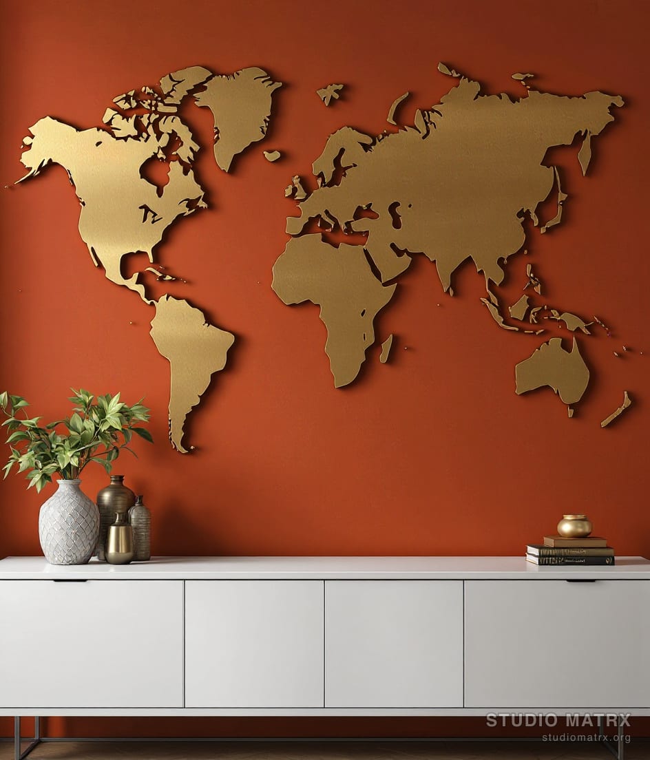 Metal World Map Wall Art — Terracotta Wall