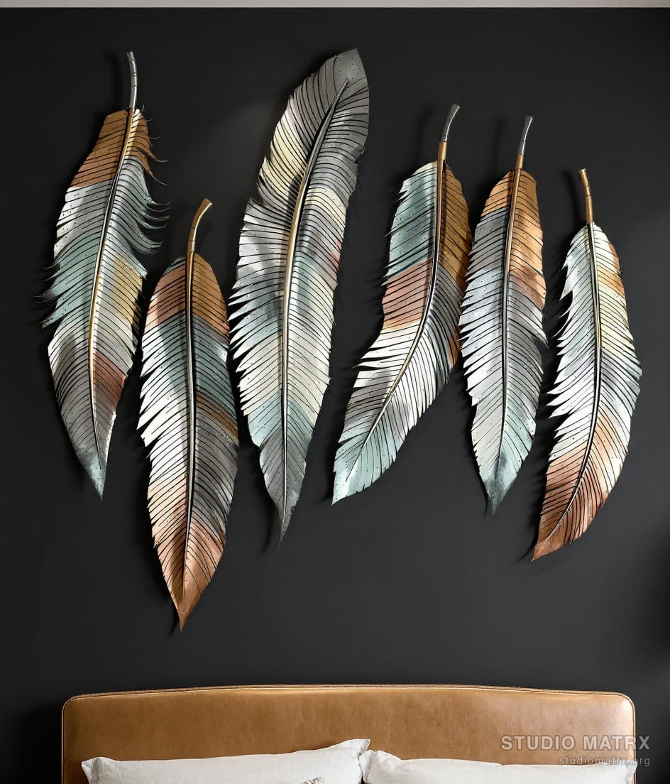 Oversized Metal Feather Wall Set — Charcoal Wall