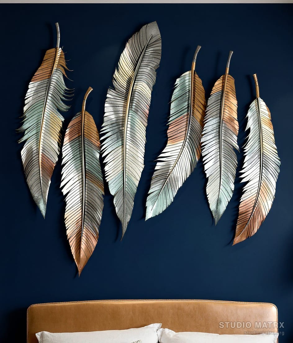 Oversized Metal Feather Wall Set — Navy Wall