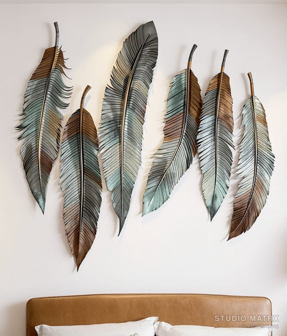 Oversized Metal Feather Wall Set — Warm White Wall