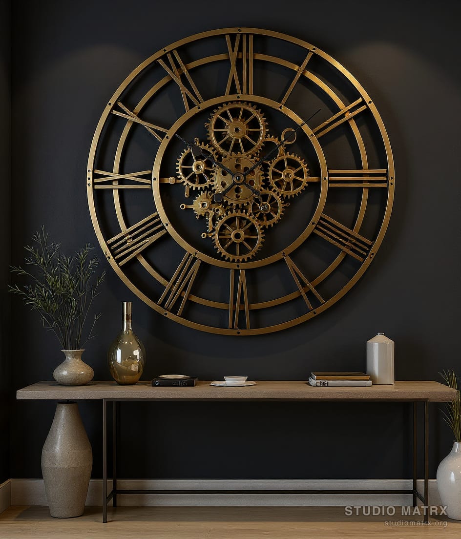 Oversized Metal Wall Clock Art — Charcoal Wall