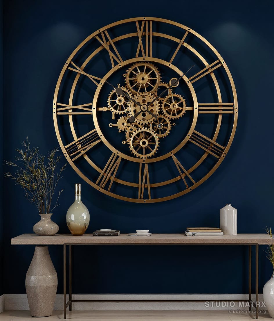 Oversized Metal Wall Clock Art — Navy Wall