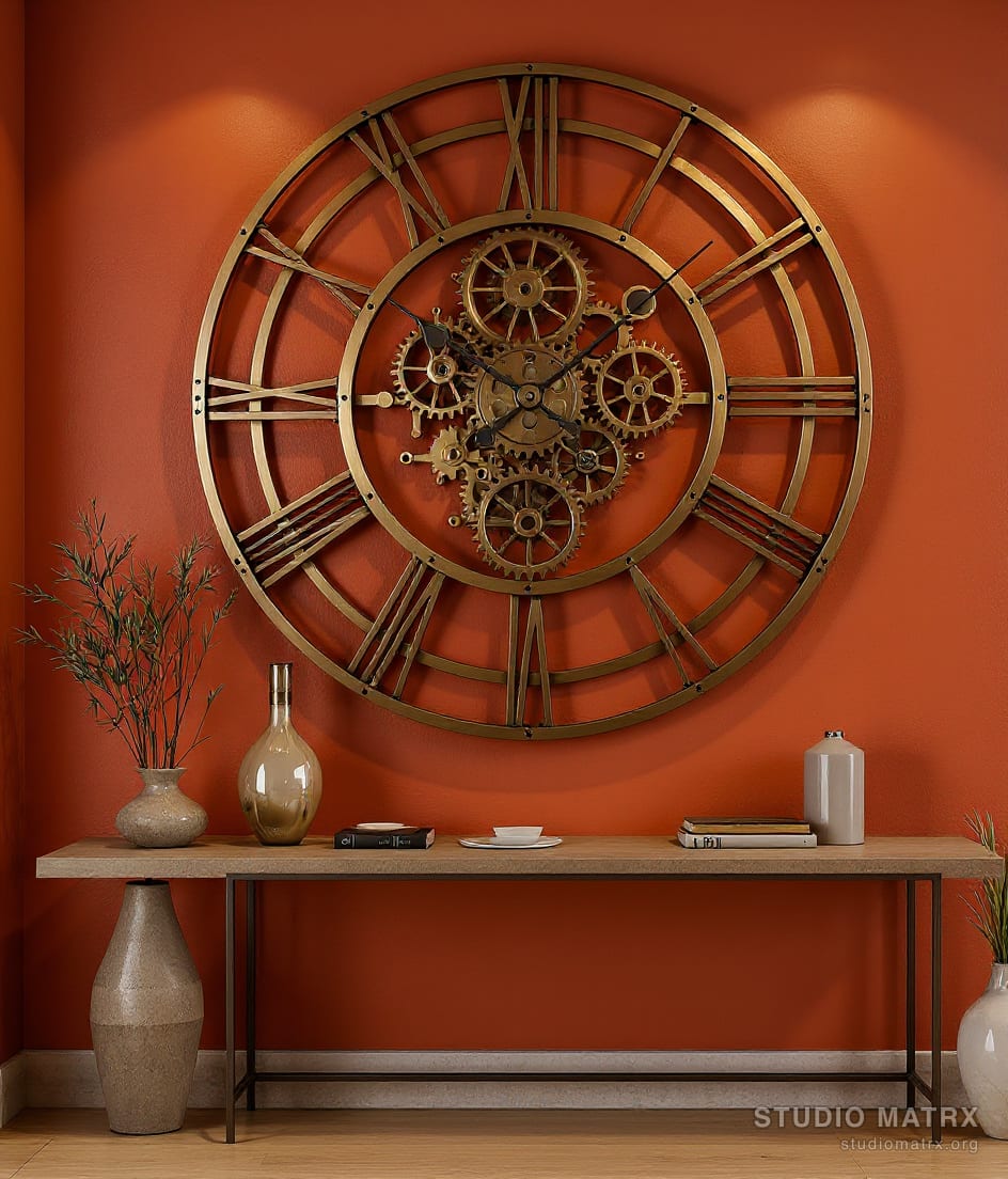 Oversized Metal Wall Clock Art — Terracotta Wall