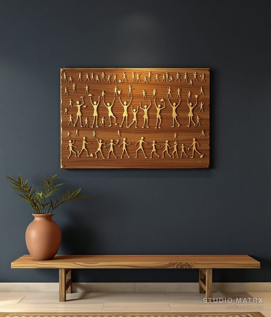 Warli on Wood Metal Mixed Panel — Charcoal Wall