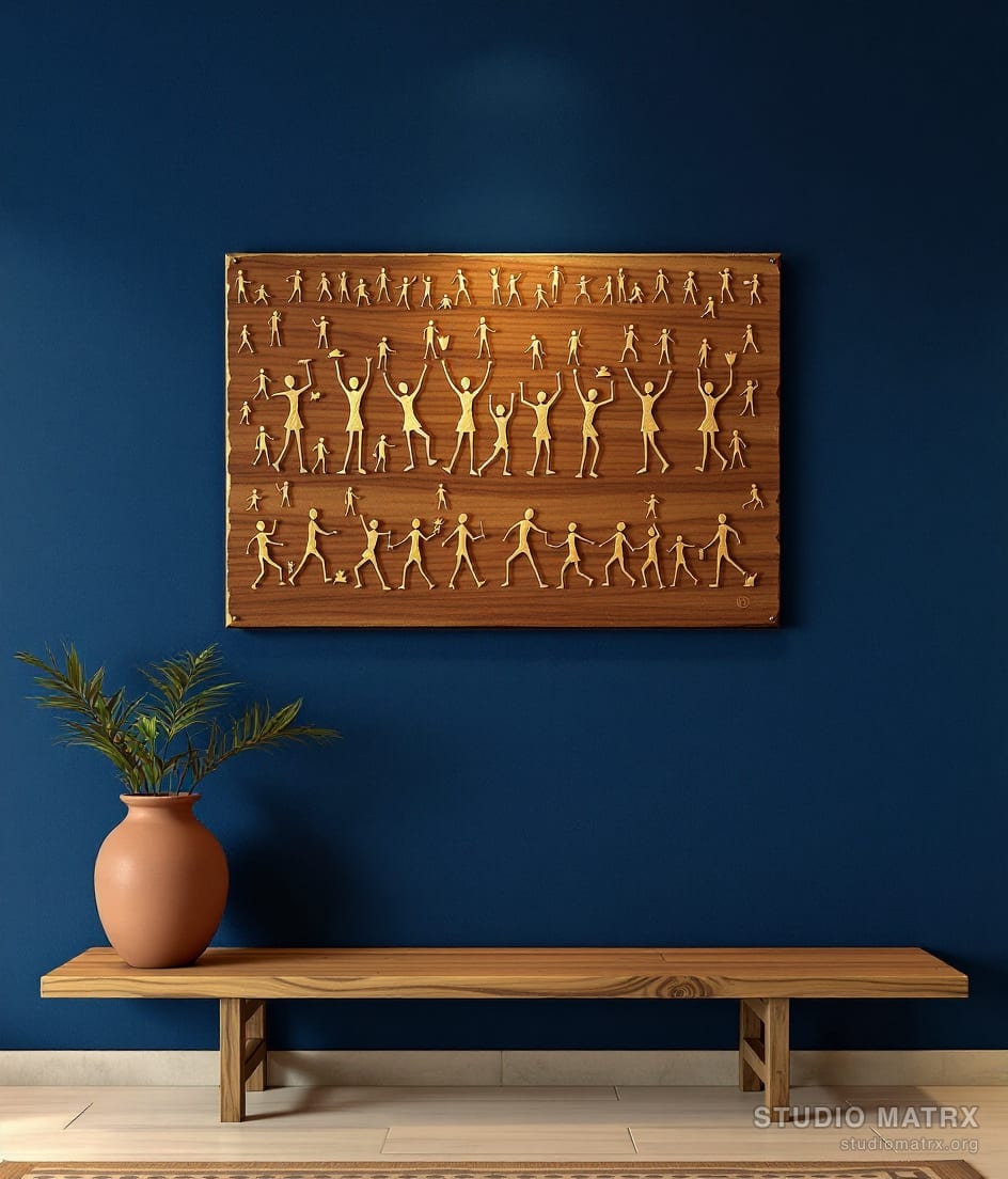 Warli on Wood Metal Mixed Panel — Navy Wall