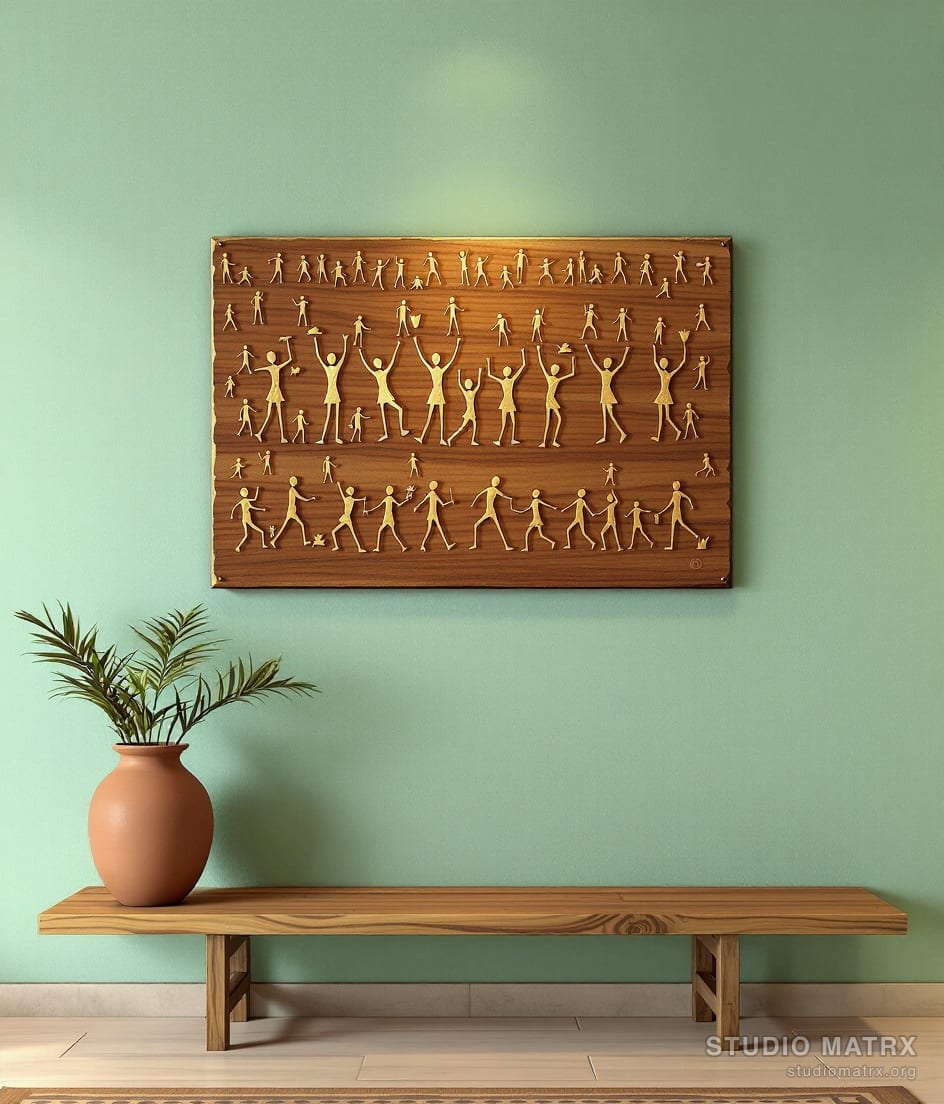 Warli on Wood Metal Mixed Panel — Sage Wall