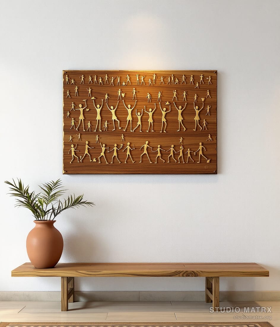 Warli on Wood Metal Mixed Panel — Warm White Wall