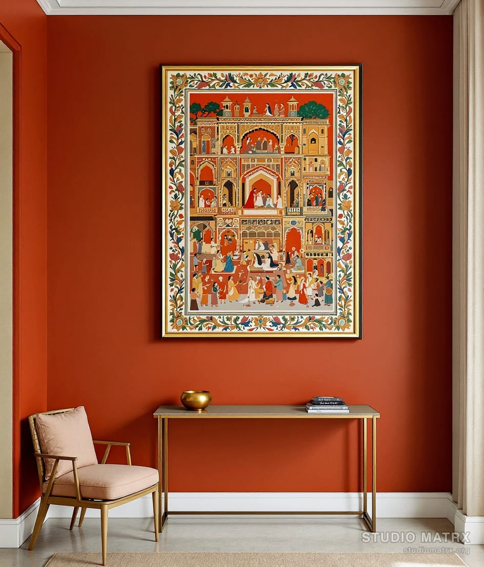 Basohli Bold Colour Scene — Terracotta Wall