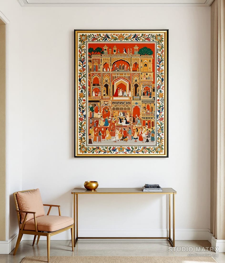 Basohli Bold Colour Scene — Warm White Wall