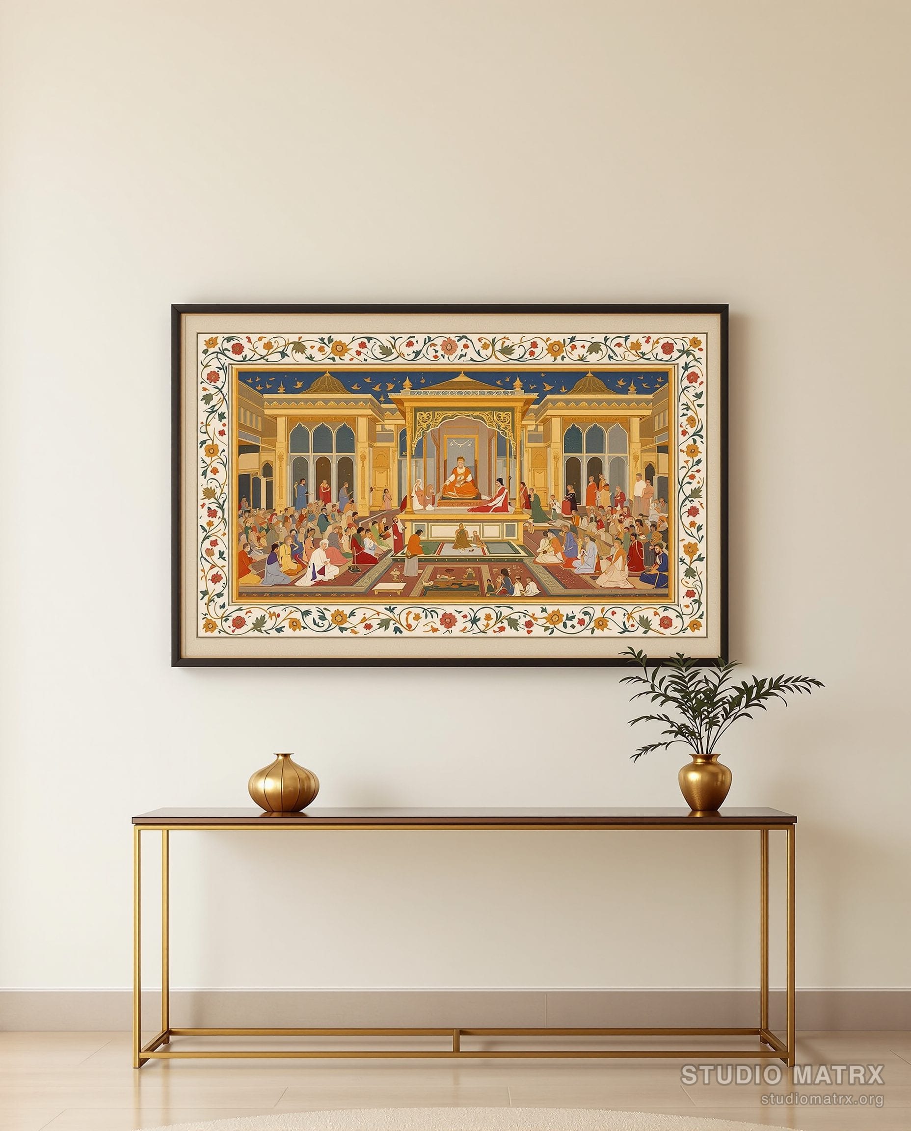 Mughal Durbar Court Scene — Warm White Wall