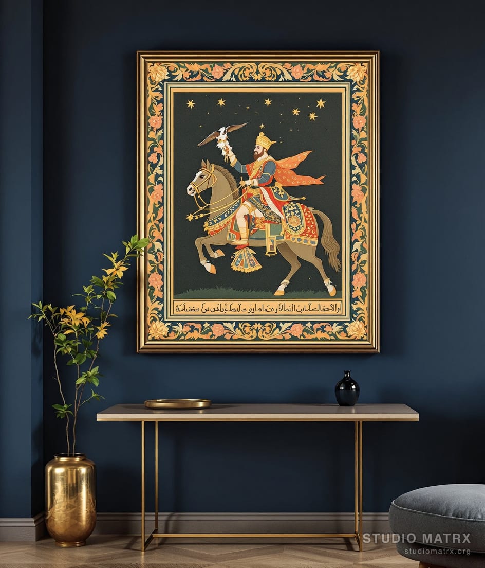 Mughal Falconry On Horseback — Charcoal Wall