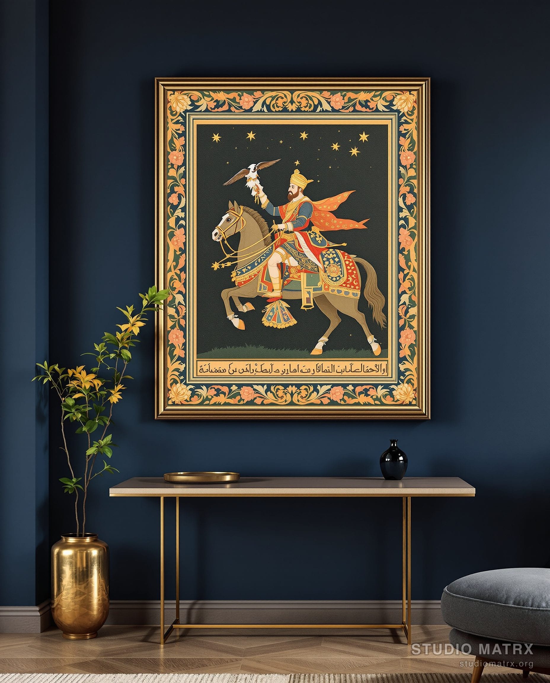 Mughal Falconry On Horseback — Navy Wall