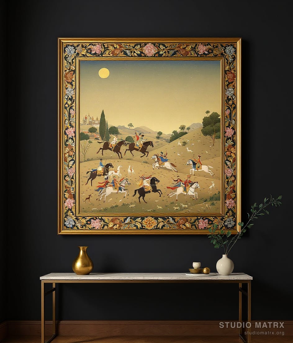 Mughal Royal Hunt — Charcoal Wall