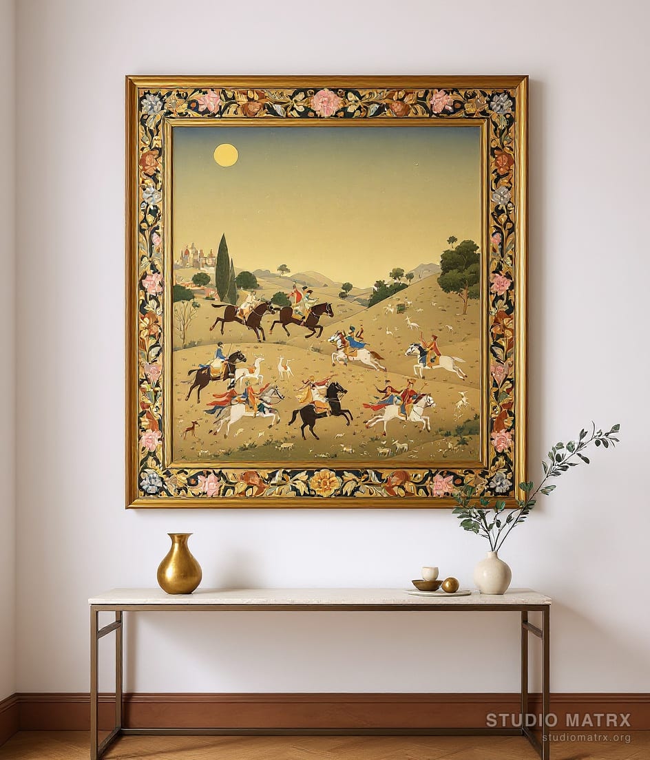 Mughal Royal Hunt — Warm White Wall