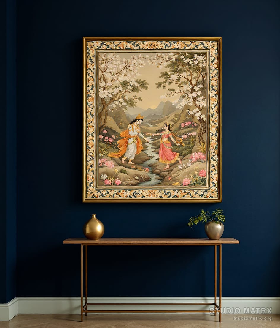 Radha Krishna In A Grove — Navy Wall