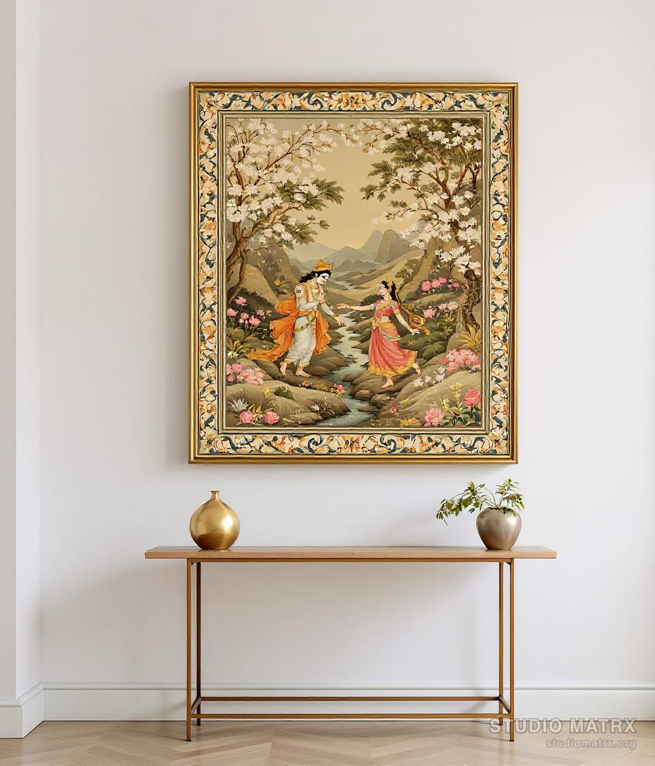 Radha Krishna In A Grove — Warm White Wall