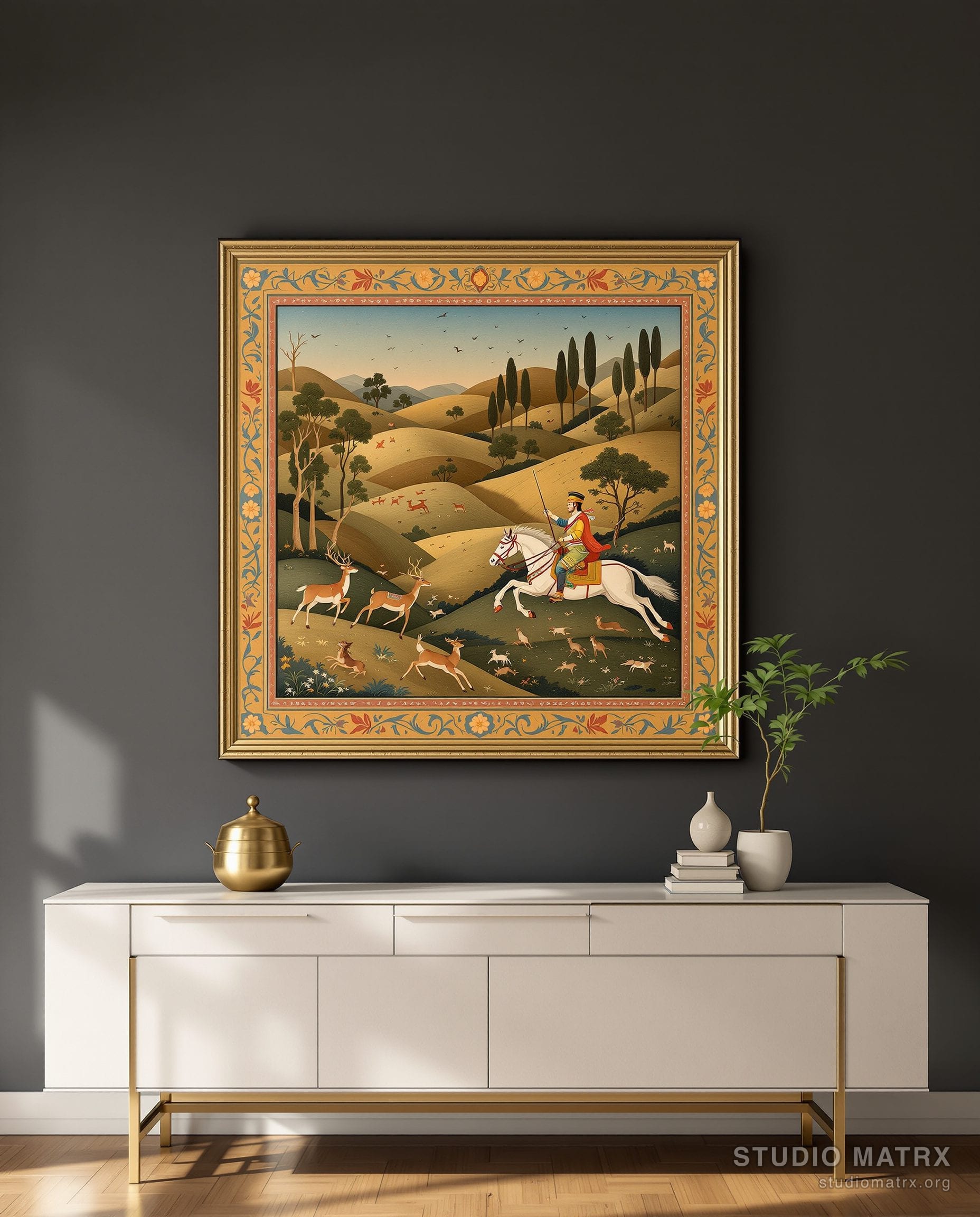 Ragamala Hunting Scene — Charcoal Wall