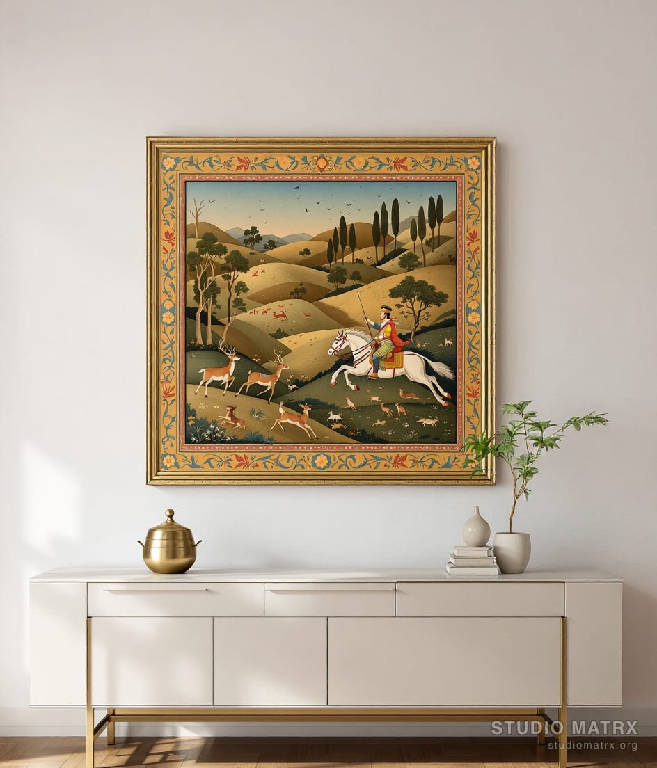 Ragamala Hunting Scene — Warm White Wall